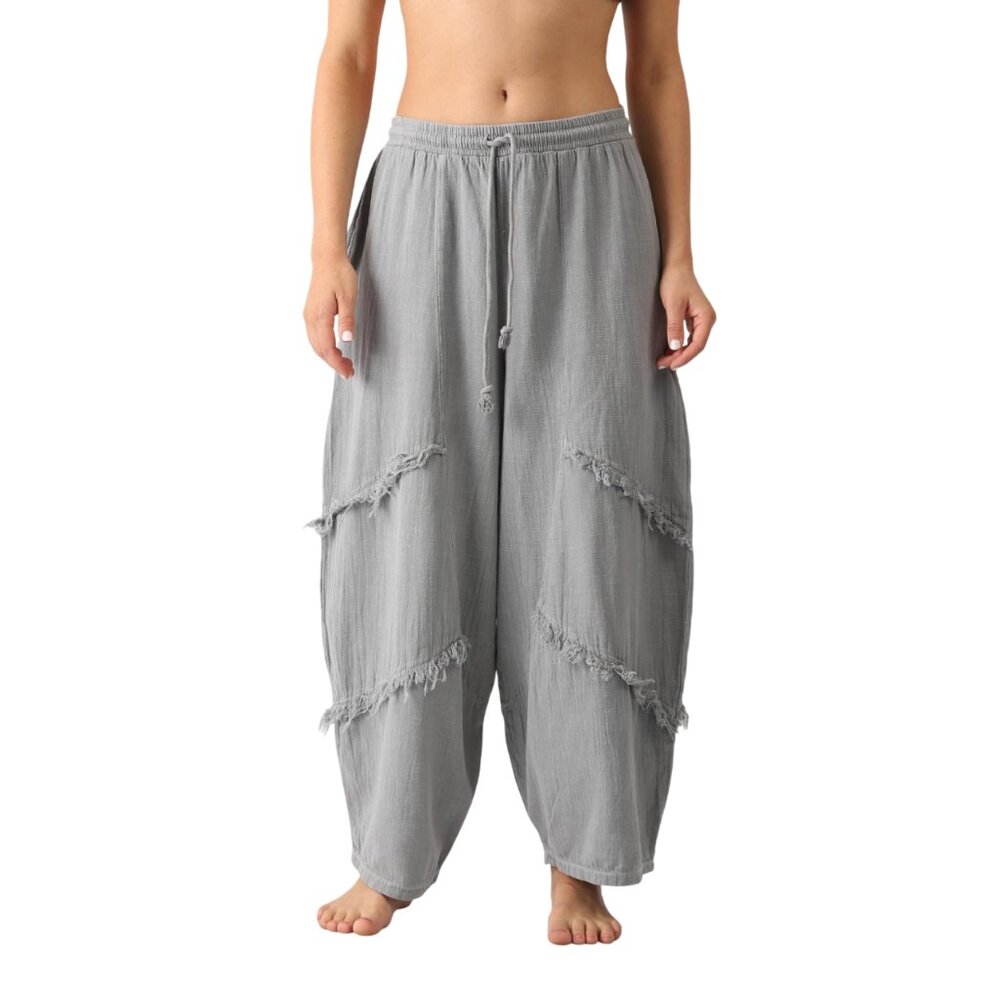 Fringed Wide-Leg Drawstring Pants - Gray